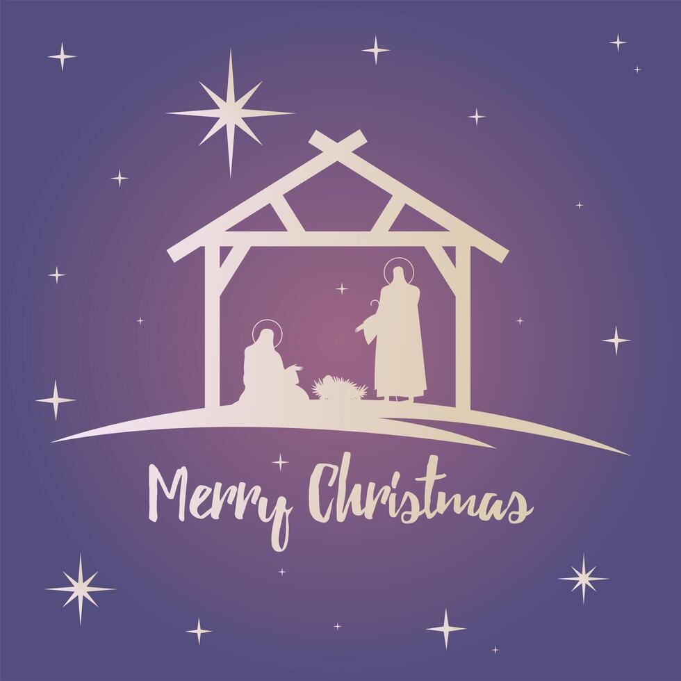 happy merry christmas lettering with holy family in stable silhouette vector