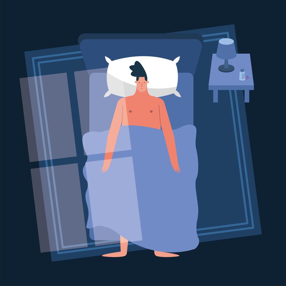 man in bedroom suffering from insomnia character vector