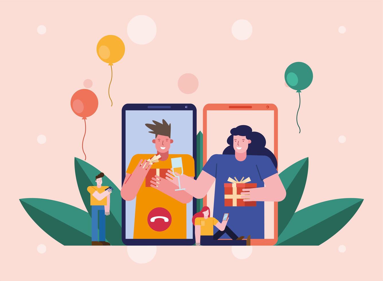 people opening gifts in smartphones characters scene vector