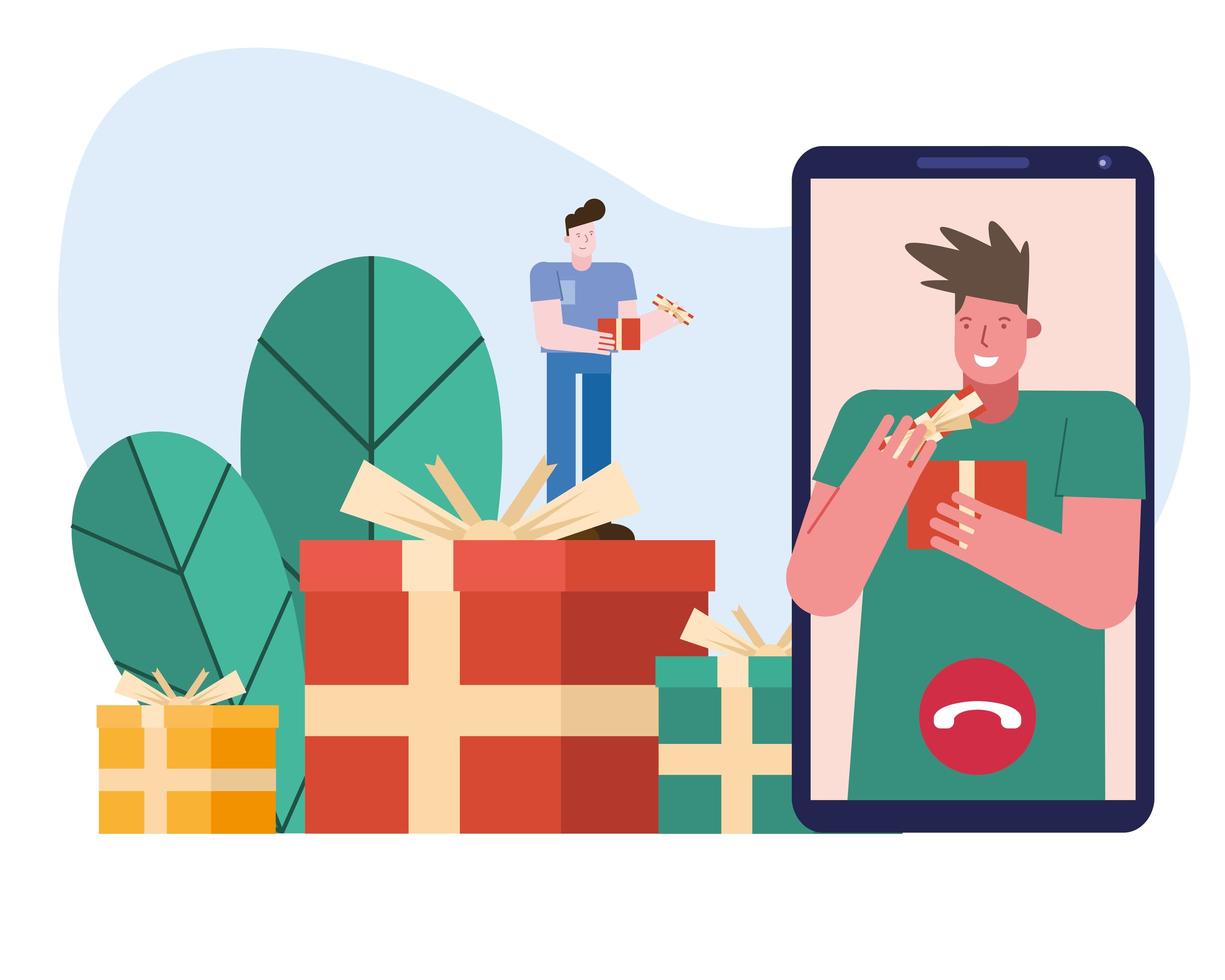 men opening gifts in smartphone characters scene vector