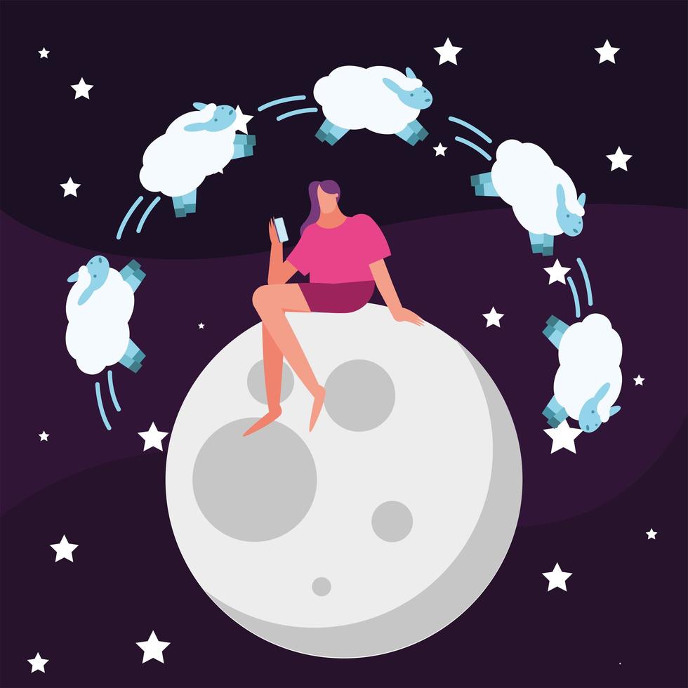 mujer sentada en la luna contando ovejas que sufren de carácter insomnio vector