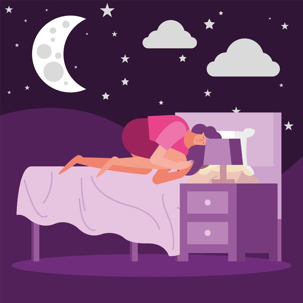 woman in bedroon and night scene suffering from insomnia character vector