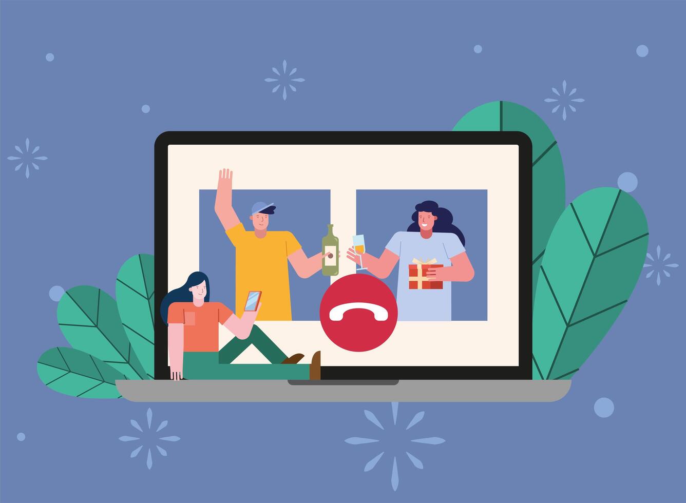 people opening gifts in laptop characters scene vector