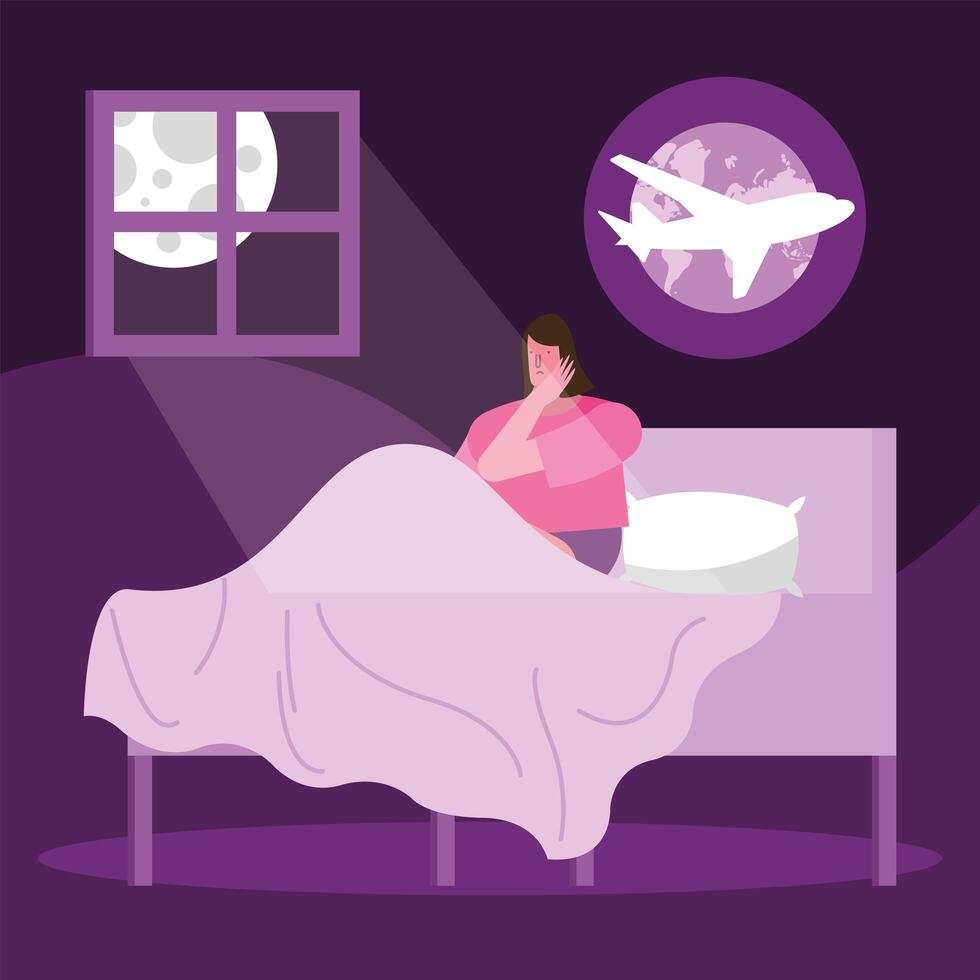 woman in bed thinking in travel suffering from insomnia character vector