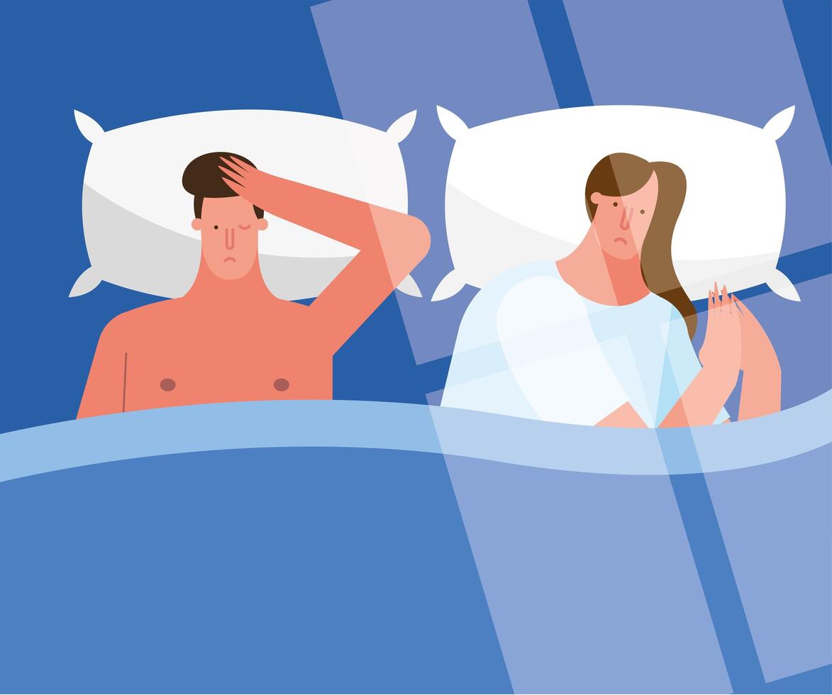 couple in bed thinking suffering from insomnia characters vector