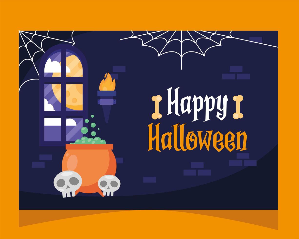 happy halloween lettering card with cauldron and skulls in castle vector