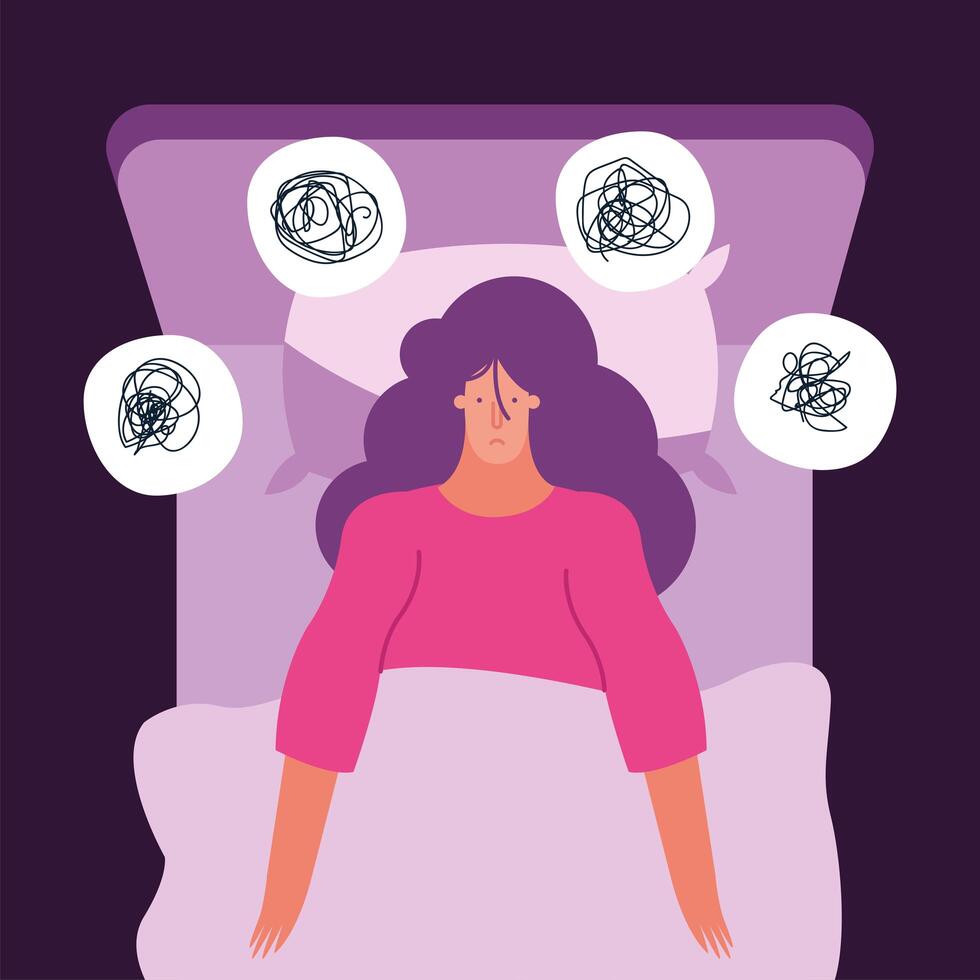 woman in bed thinking in problems suffering from insomnia character vector