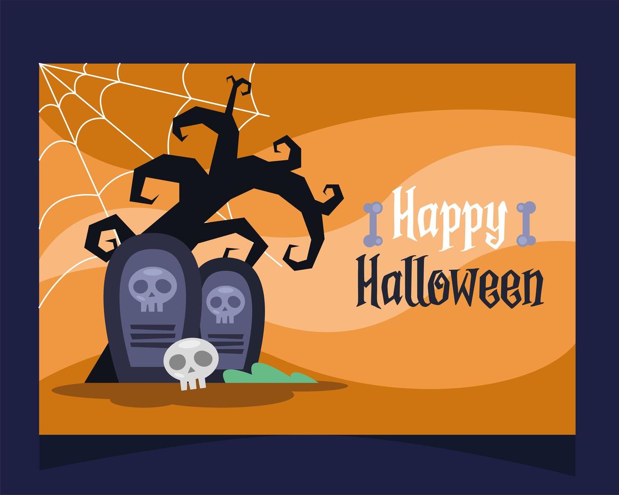 Feliz tarjeta de letras de halloween con cementerios en árbol vector