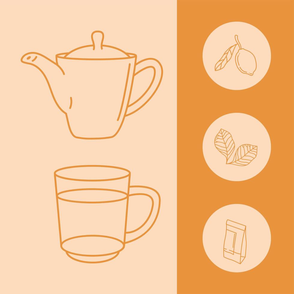 tea line style set of icons vector design
