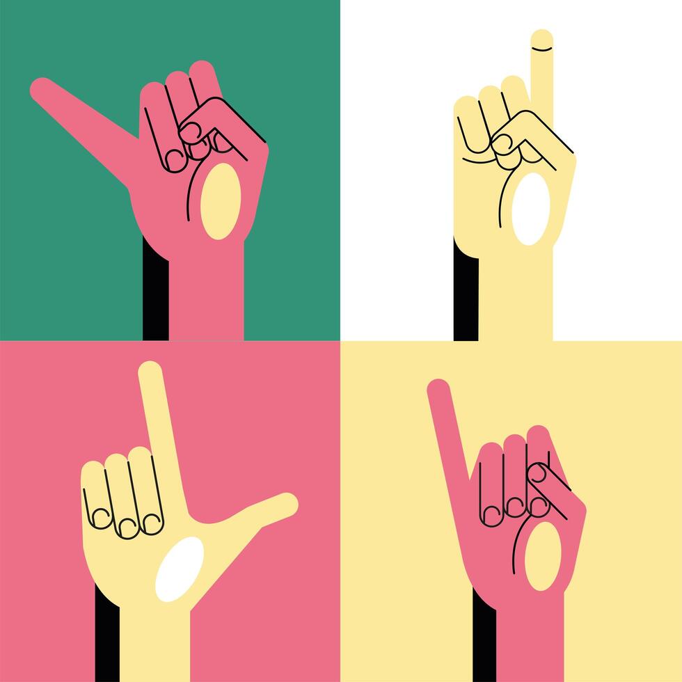 hand sign language alphabet line and fill style icons collection vector design
