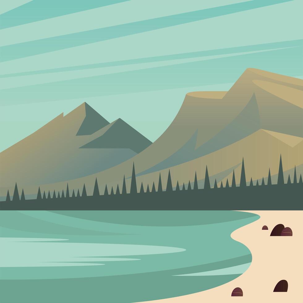 paisaje de mar frente a montañas y pinos diseño vectorial vector