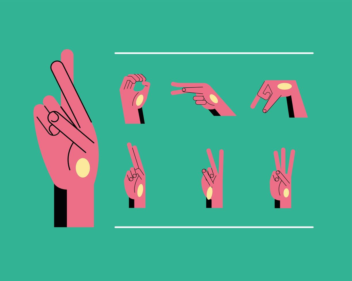 hand sign language alphabet line and fill style set of icons vector design
