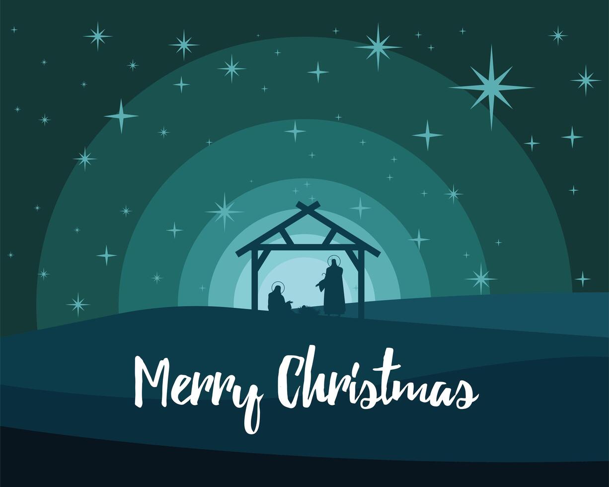 happy merry christmas lettering with holy family in stable silhouettes vector