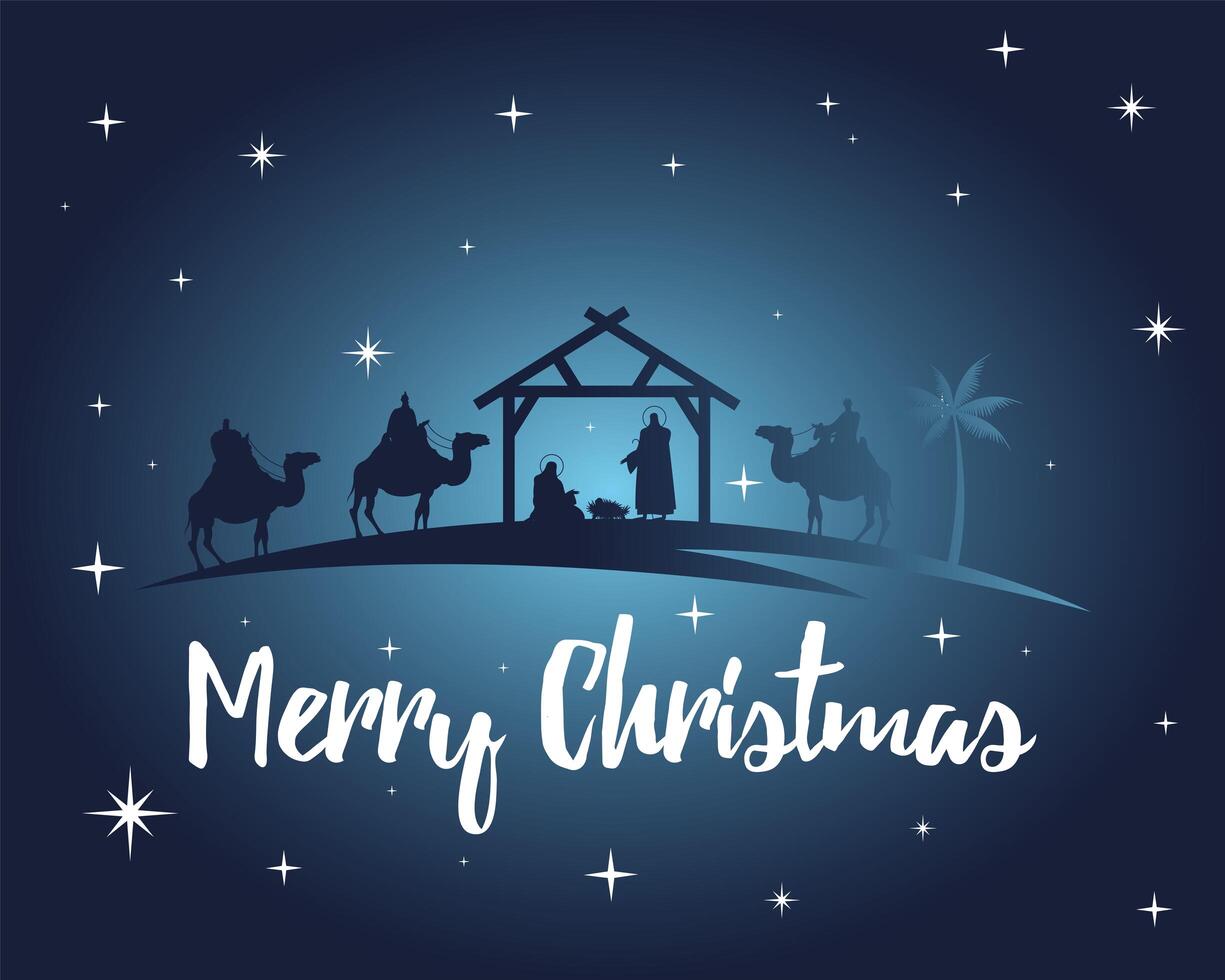 happy merry christmas lettering with holy family in stable and kings silhouette vector