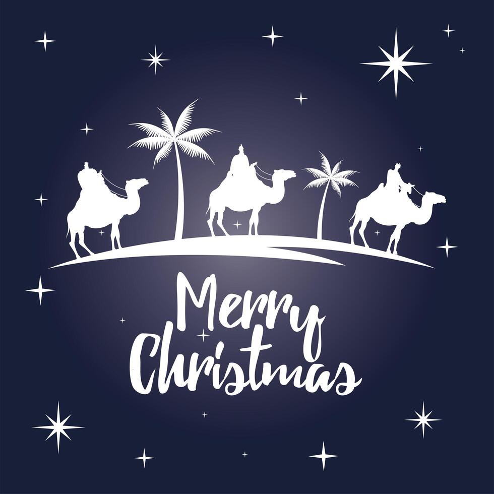 happy merry christmas lettering with magic kings vector
