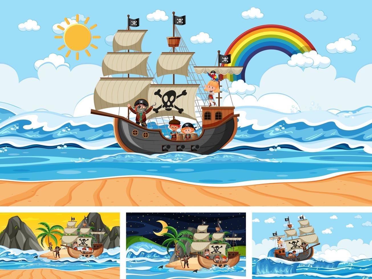 Set of different beach scenes with pirate ship vector