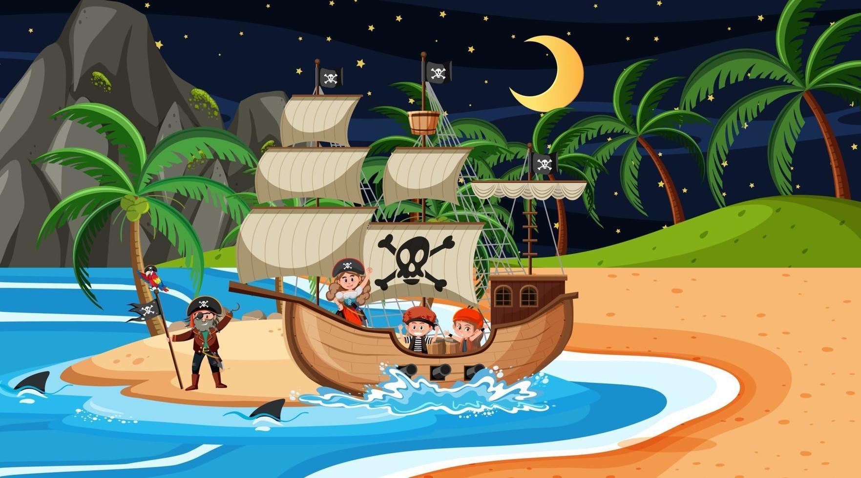 Beach with Pirate ship at night scene in cartoon style vector