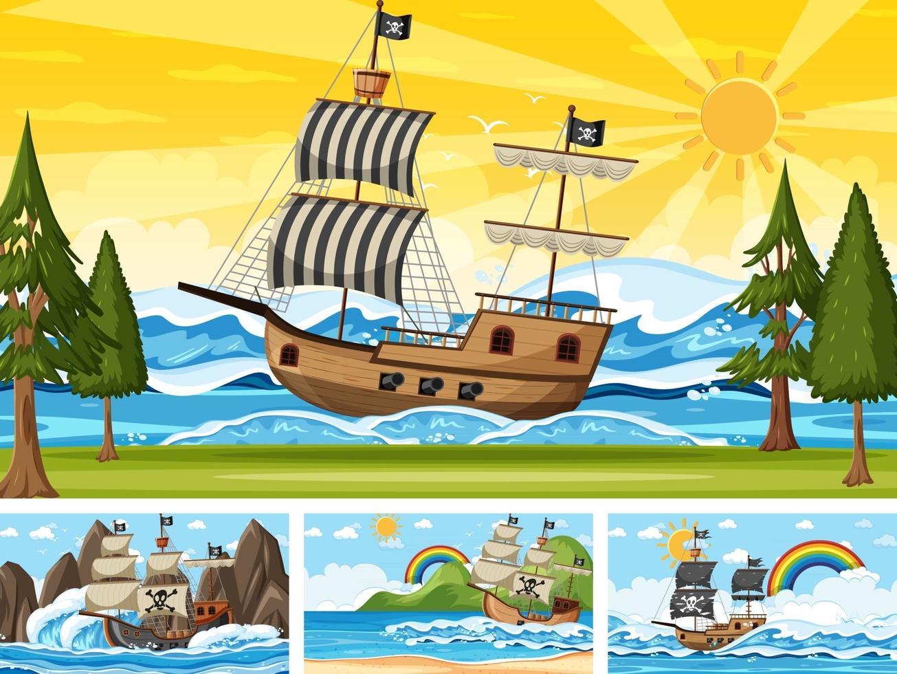 conjunto de océano con barco pirata en diferentes momentos escenas en estilo de dibujos animados vector