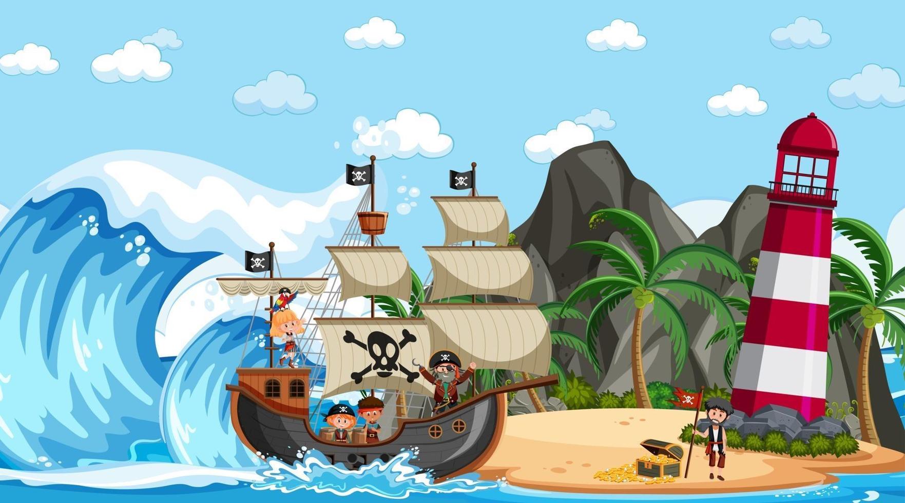 playa con barco pirata en la escena diurna en estilo de dibujos animados vector