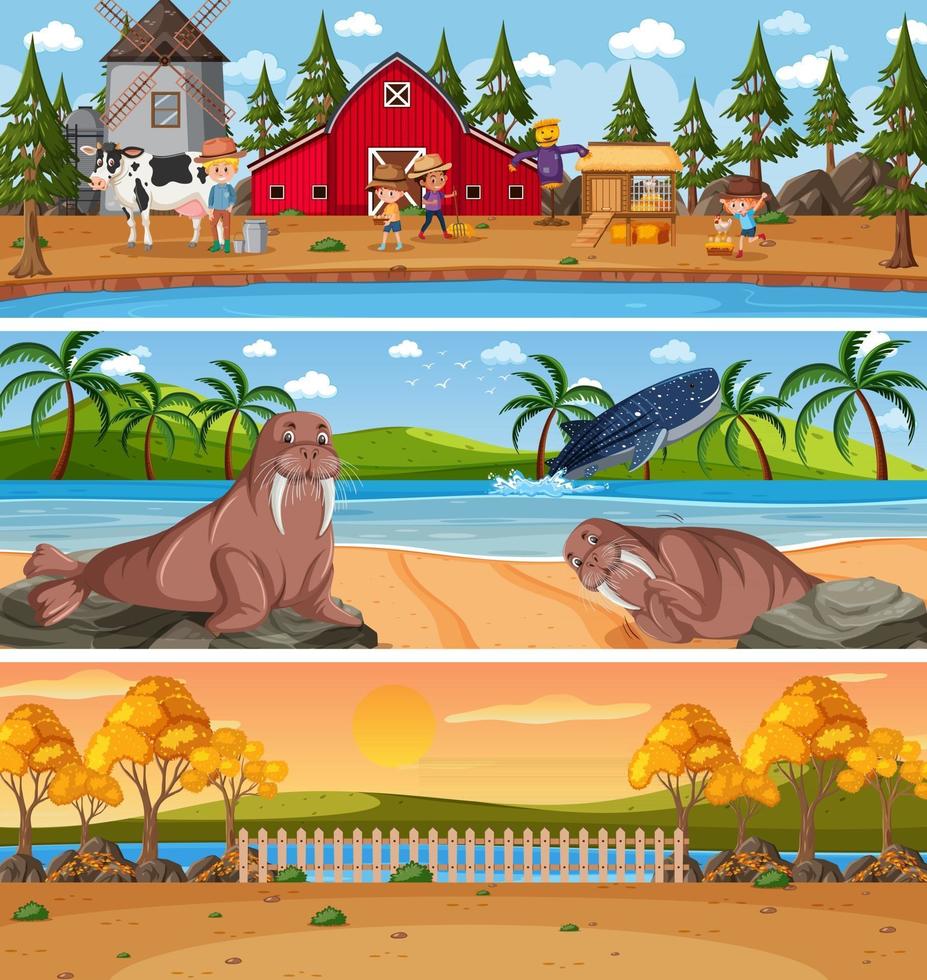 Different nature landscape at daytime scene with cartoon character vector