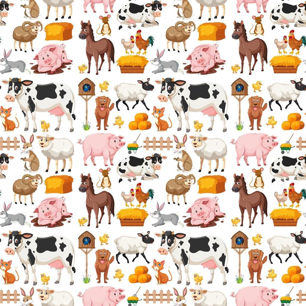 Seamless pattern with cute farm animals on white background vector