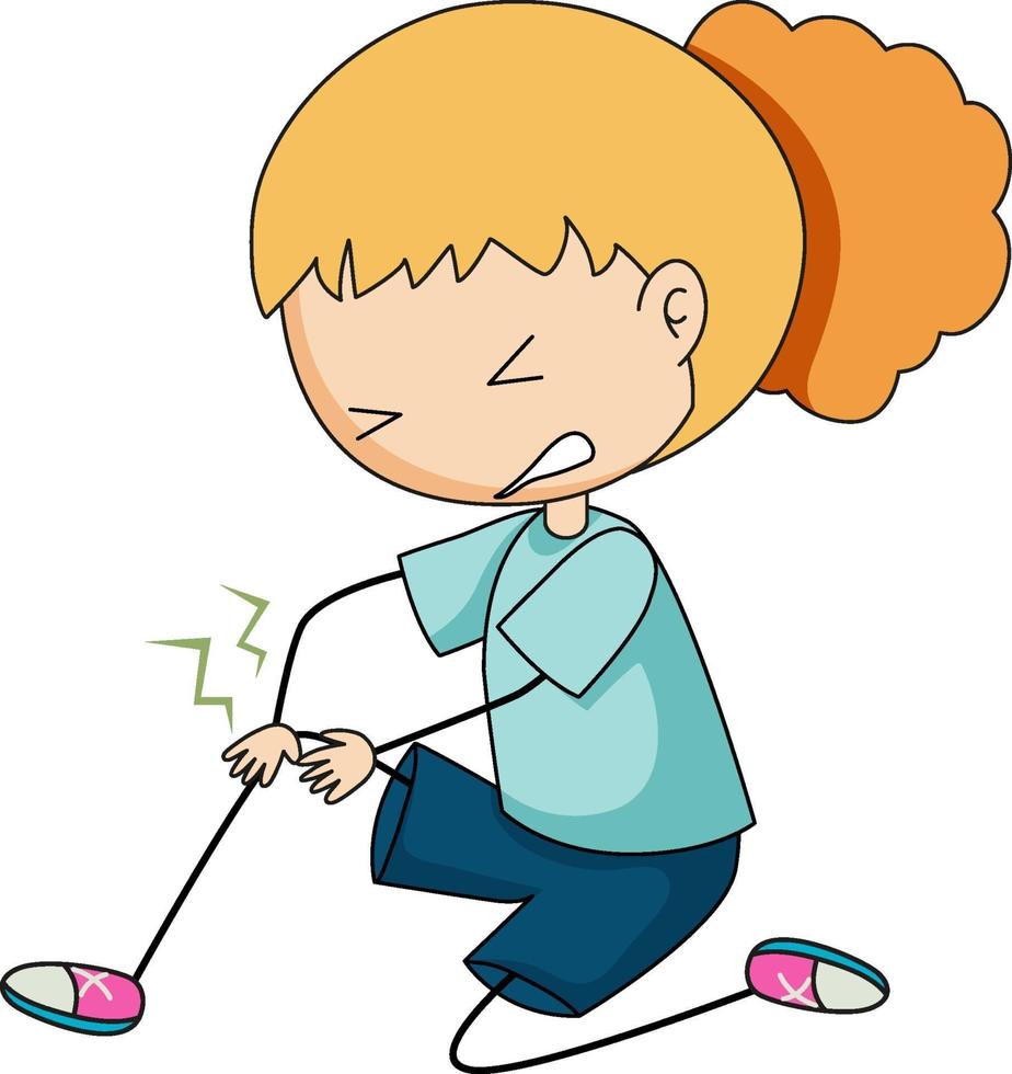 Doodle personaje de dibujos animados de una niña sosteniendo la rodilla de la pierna herida dolorosa vector