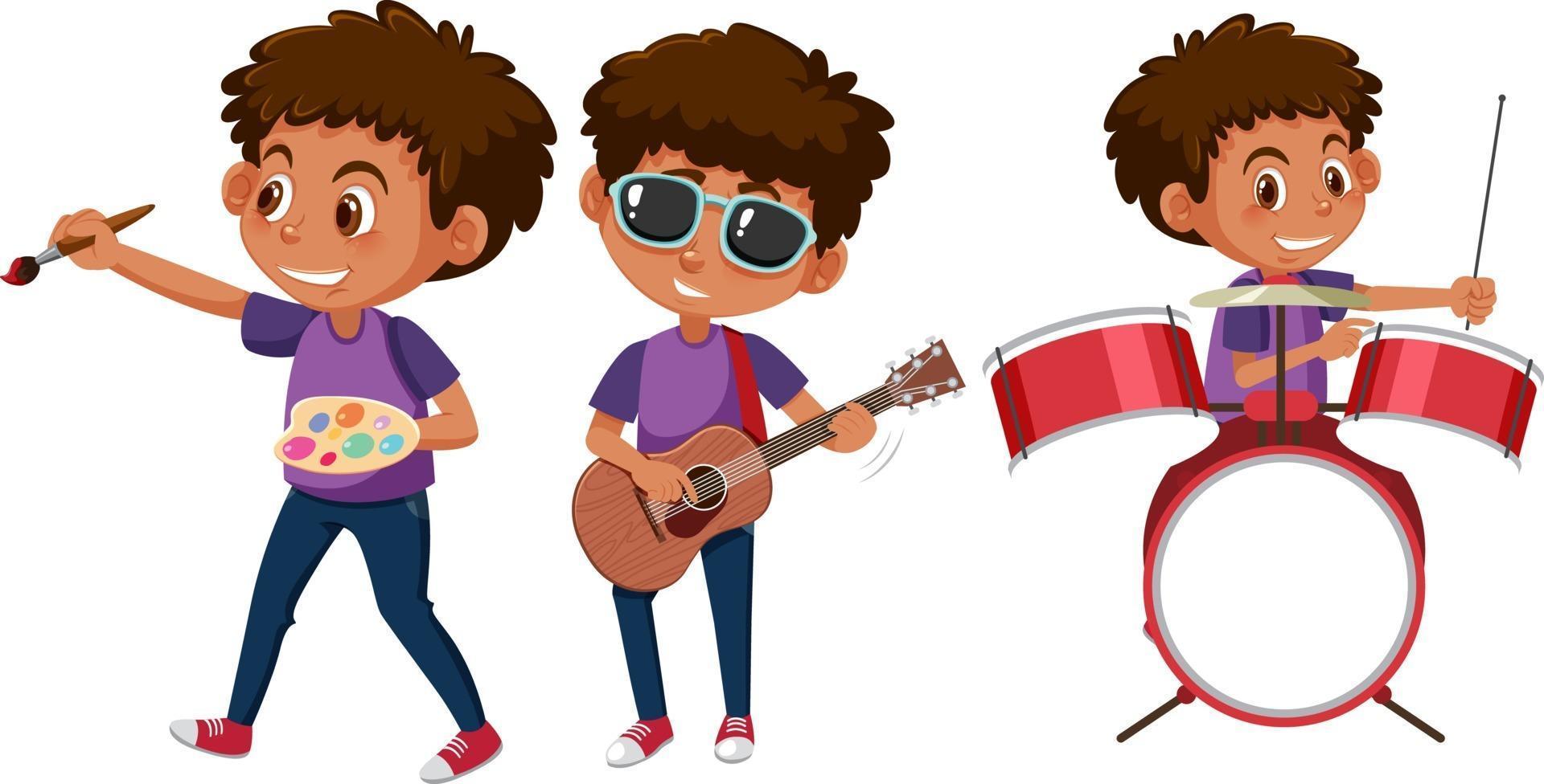 Set of a boy cartoon character doing different activities vector