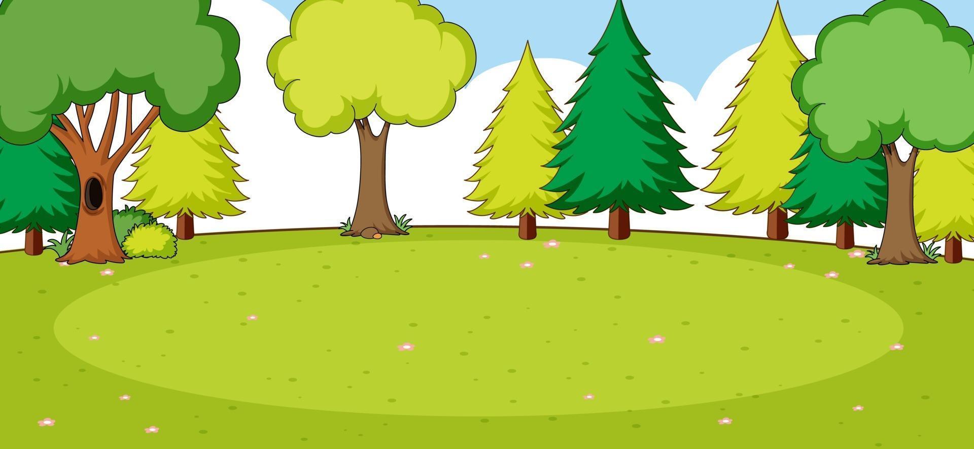 Empty park landscape scene with many trees and blank meadow vector