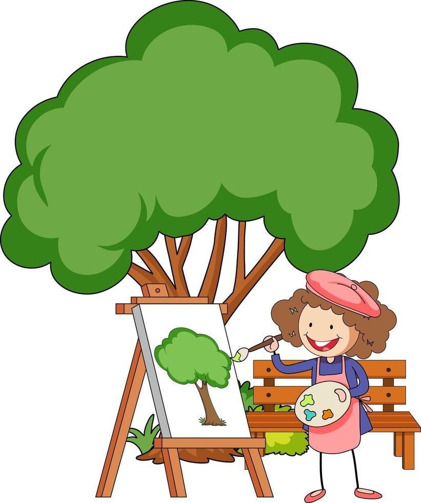 Pequeño artista dibujando una imagen de árbol aislado sobre fondo blanco. vector