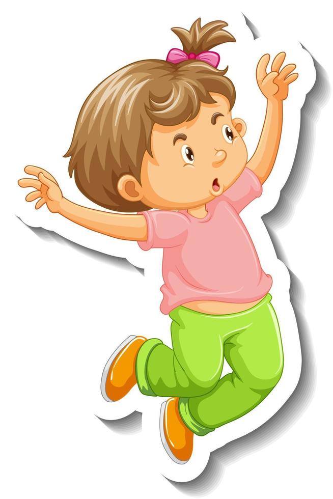 Sticker template with a little girl jumping cartoon character isolated vector