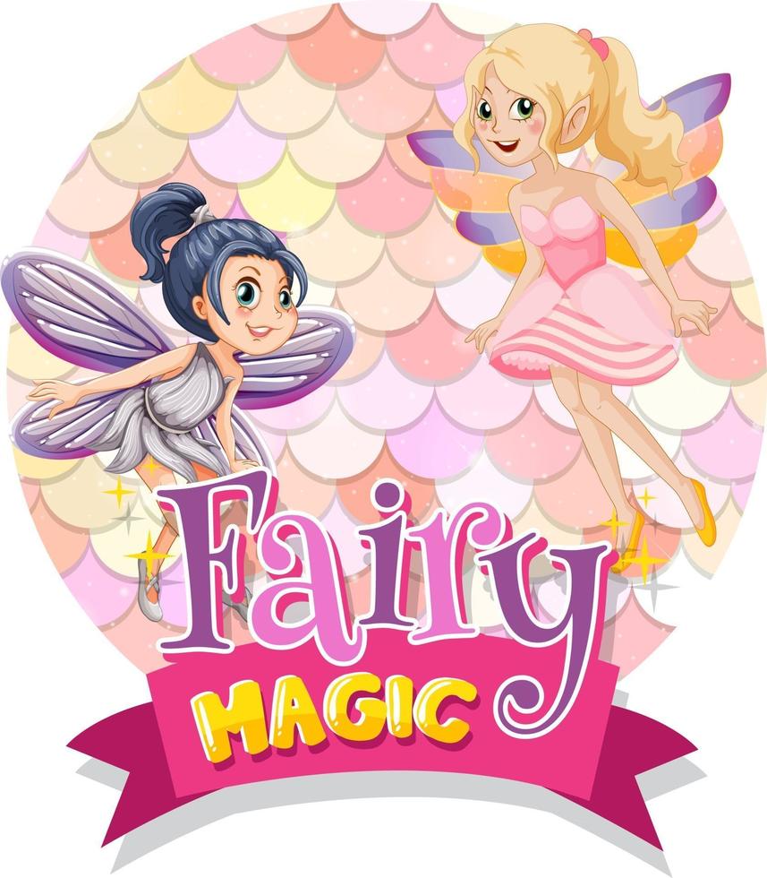 Fairy cartoon character with Fairy Magic font typography on pastel scales isolated vector