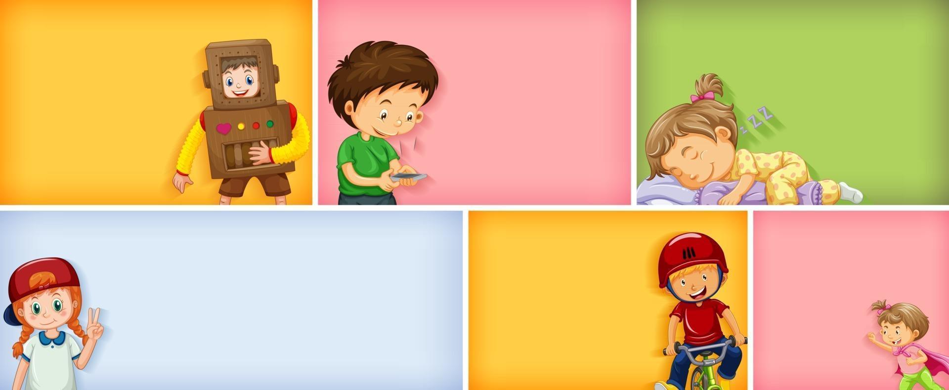 Set of different kid characters on different color background vector