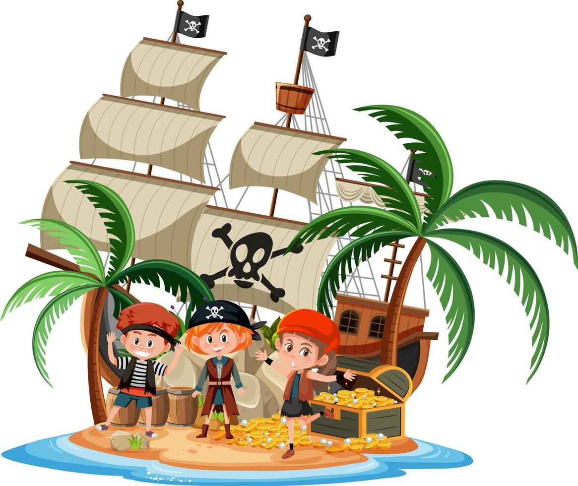 Pirate ship on island with many kids isolated on white background vector