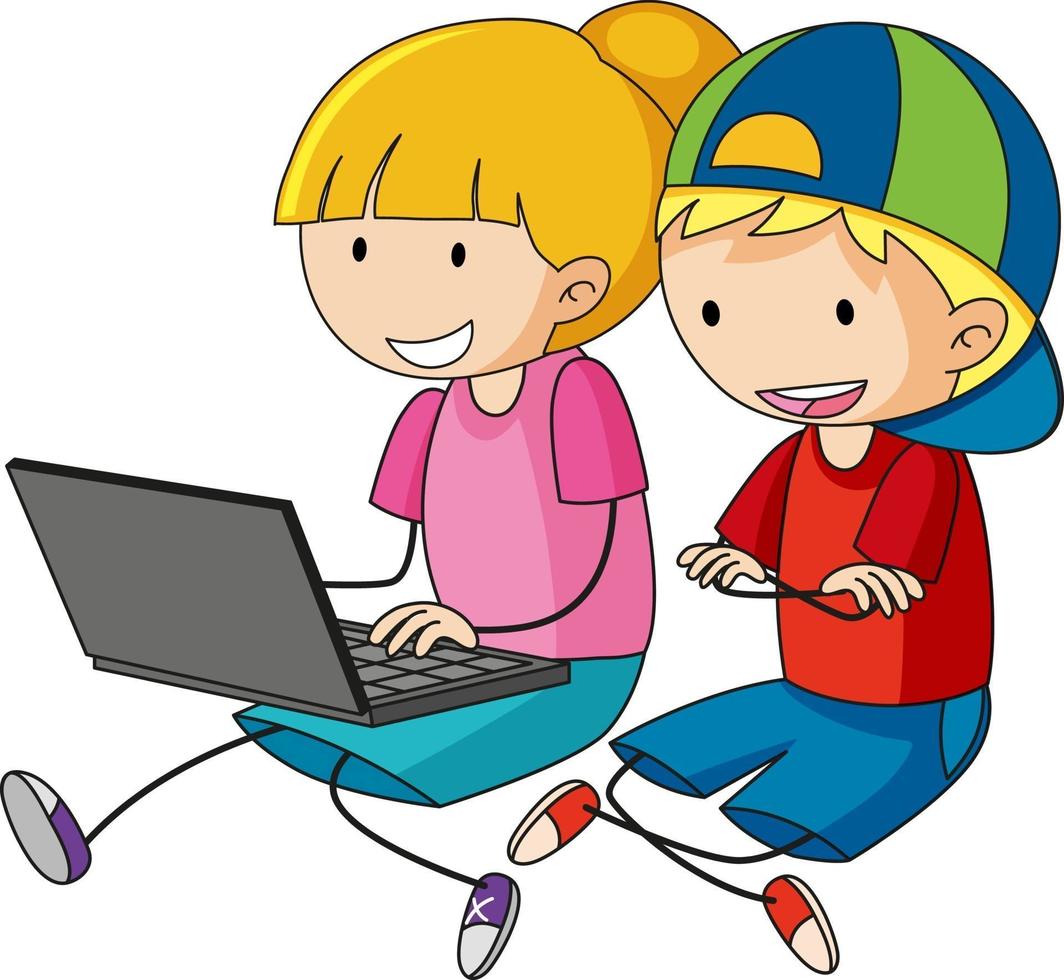 un doodle niños usando laptop personaje de dibujos animados aislado vector