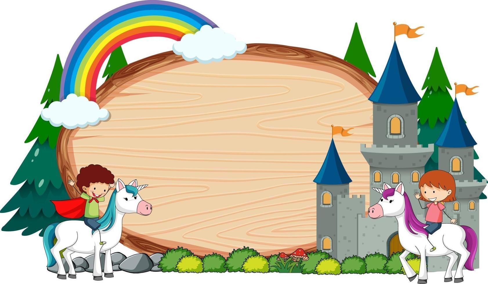 Empty wooden banner with fairy tale cartoon character and elements isolated vector