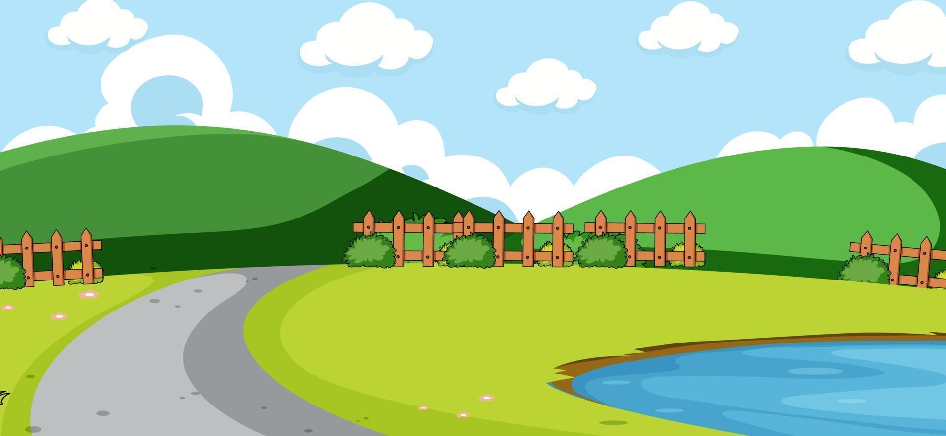 Empty park scene with road and pond in simple style vector