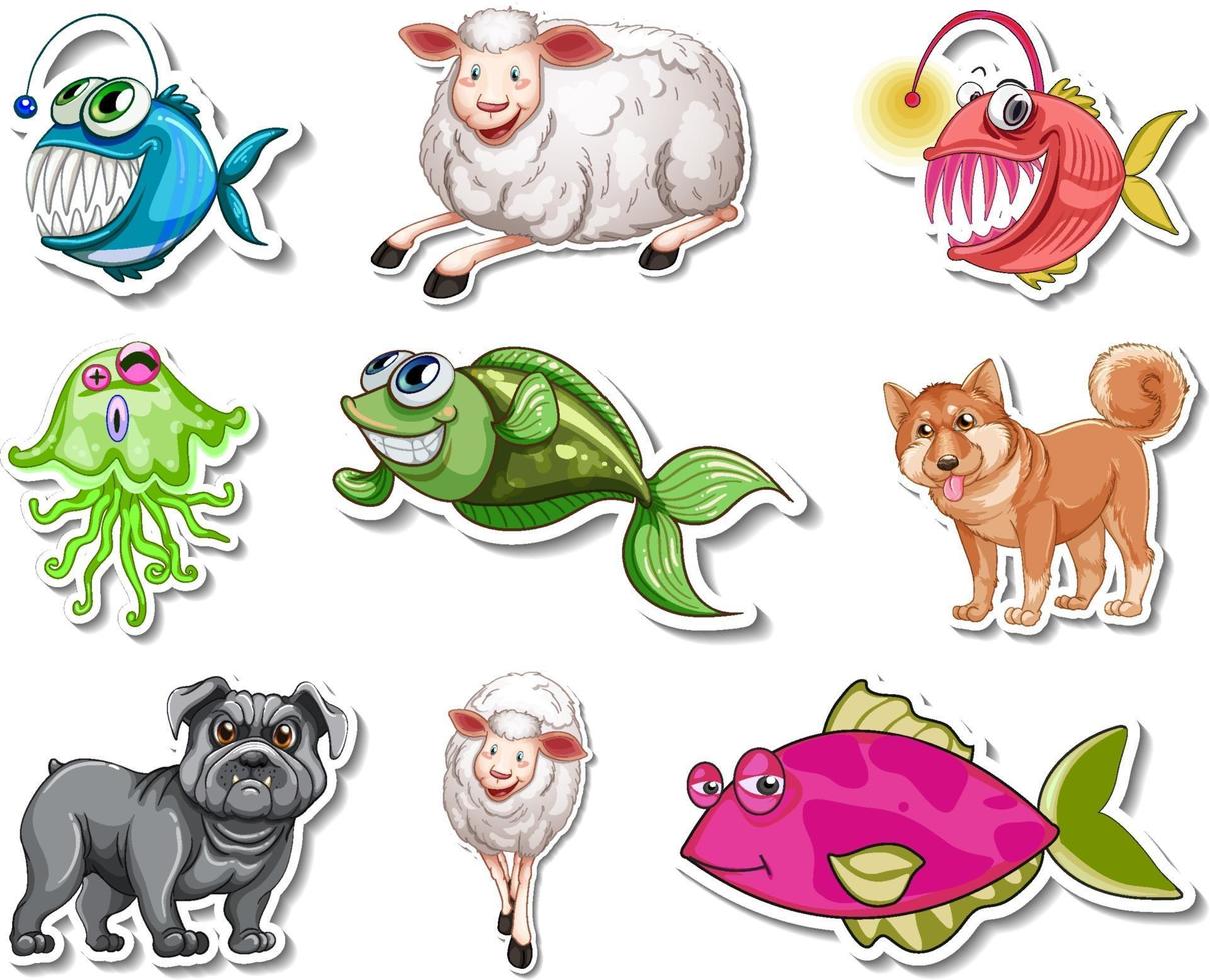 conjunto de pegatinas con animales marinos y personajes de dibujos animados de perros vector