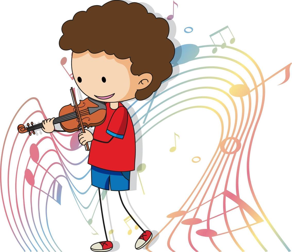 Cartoon doodle a boy playing violin with melody symbols on white background vector