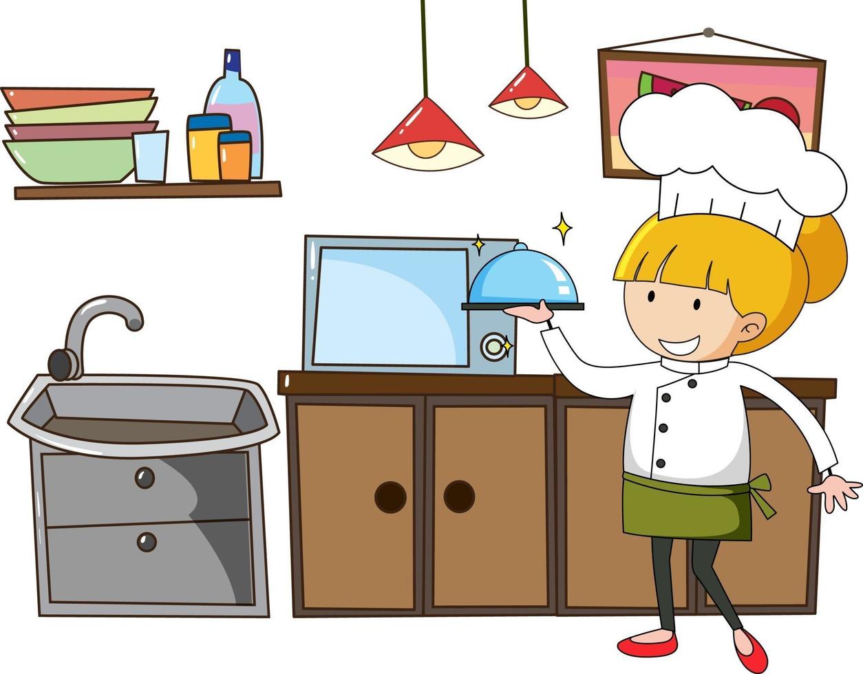 Little chef with kitchen equipments on white background vector