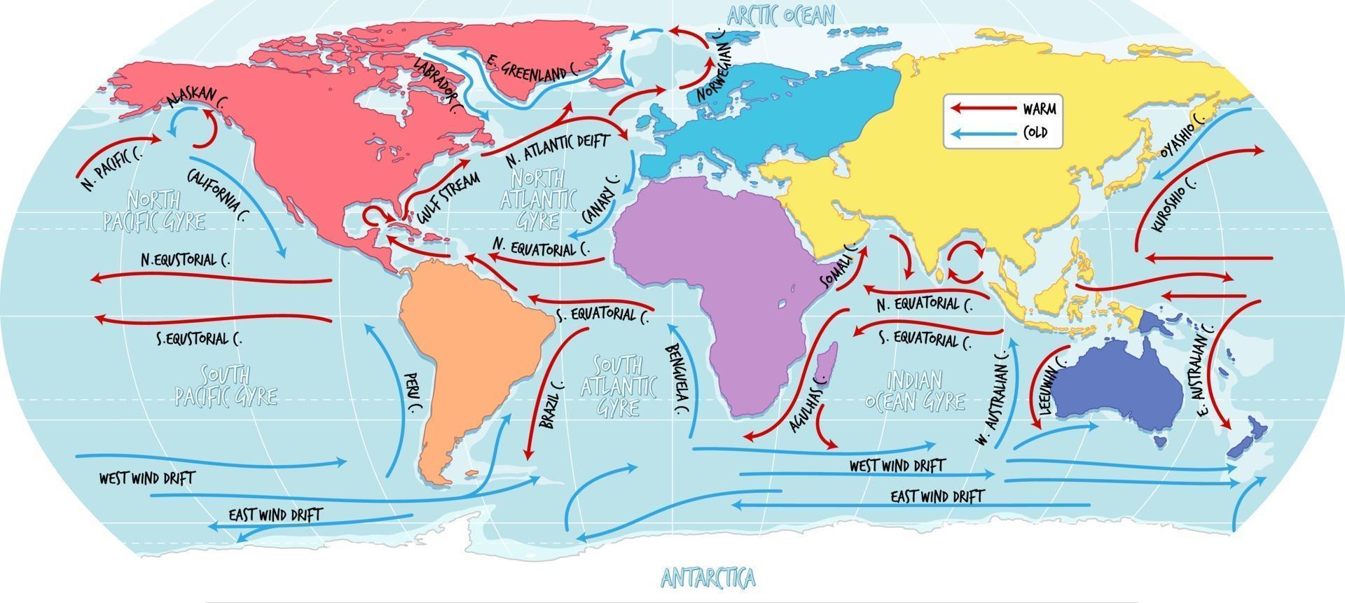 The ocean current world map with names vector