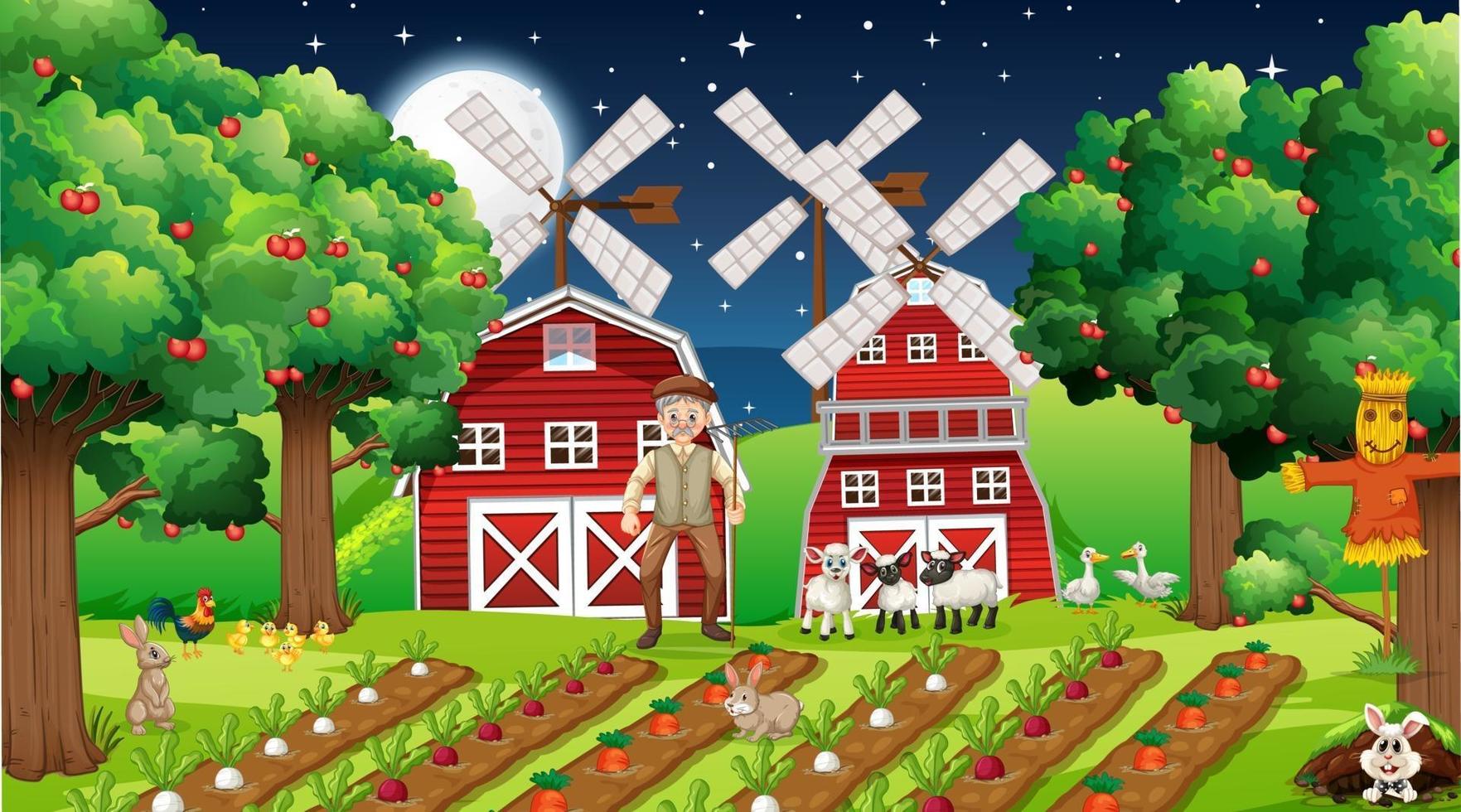 Farm scene at night with old farmer man and cute animals vector