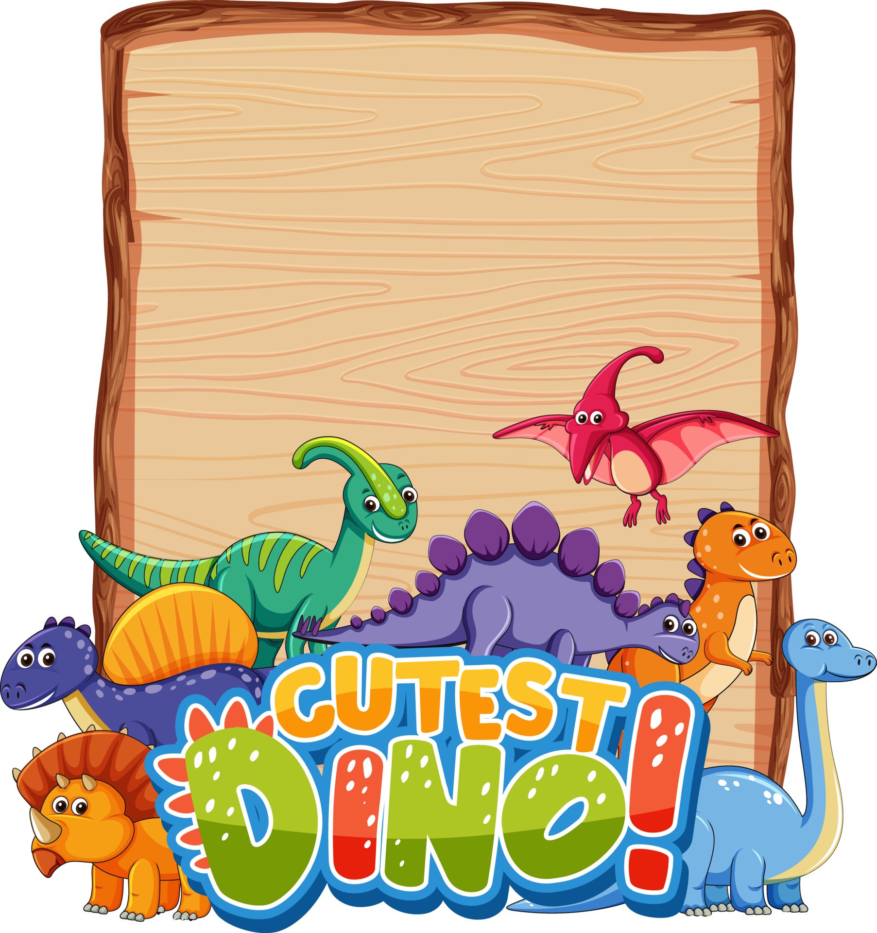 Empty board template with many cute dinosaurs on white background
