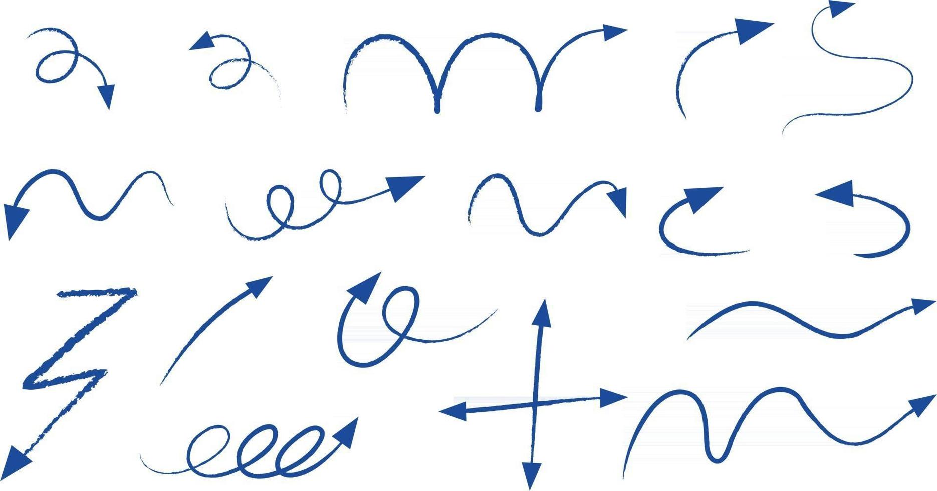 Different types of blue hand drawn curved arrows on white background vector