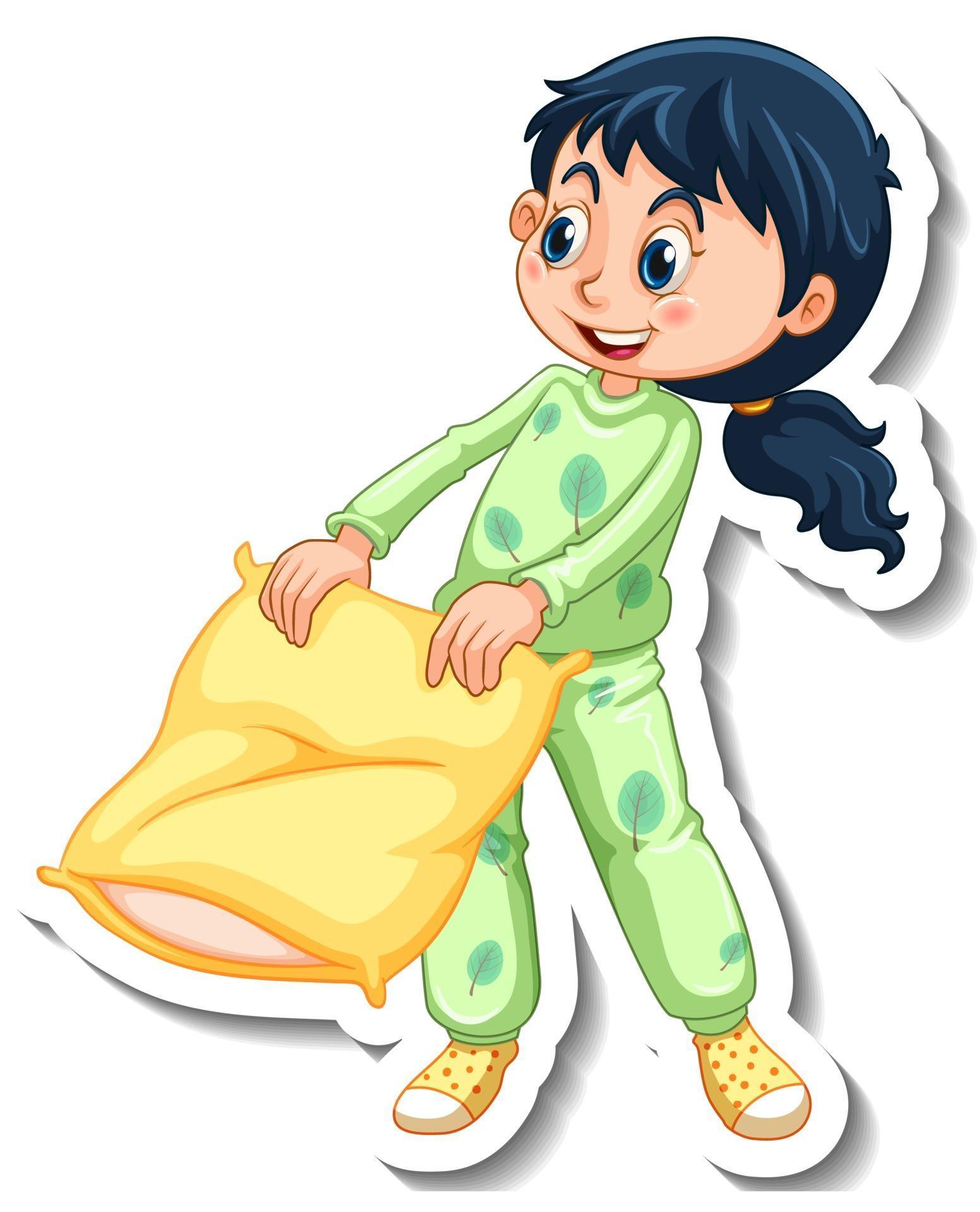 Sticker Template With A Girl Wears Pajamas Cartoon Character Isolated