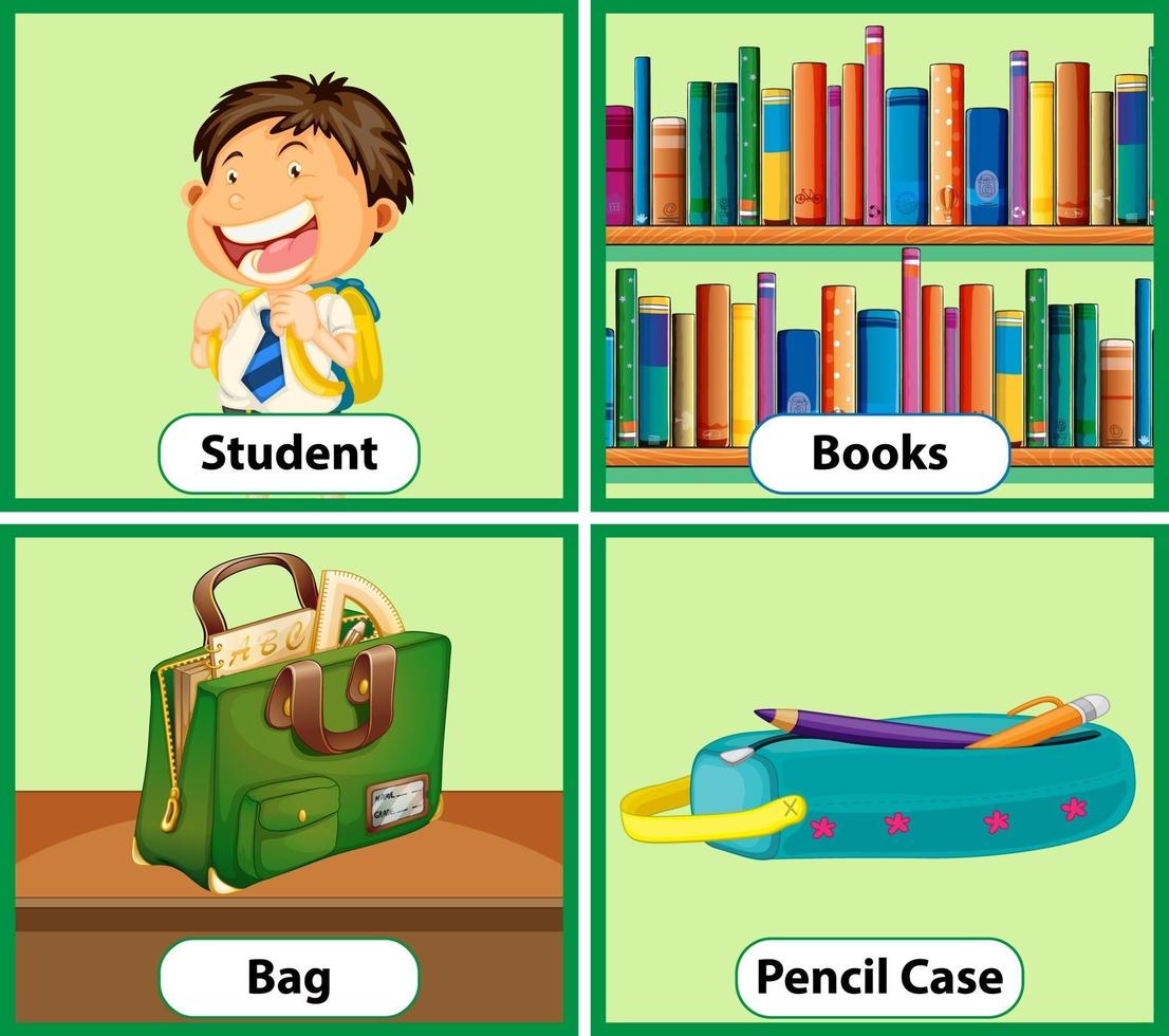 Educational English word card of School objects set vector
