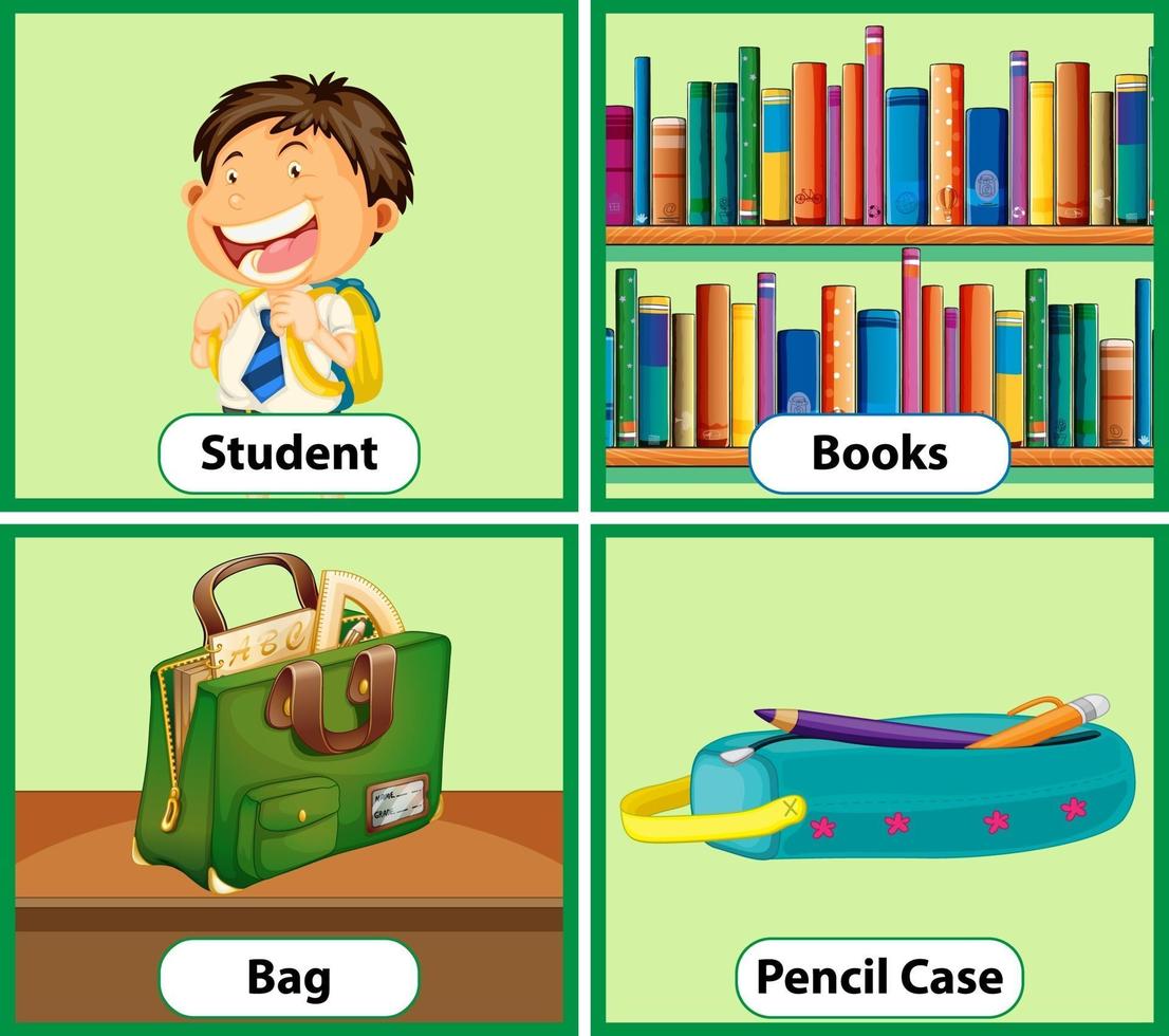 Educational English word card of School objects set vector