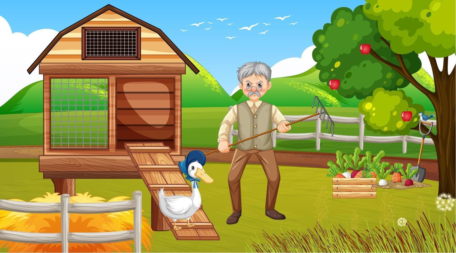 escena de la granja con el viejo granjero y los animales vector