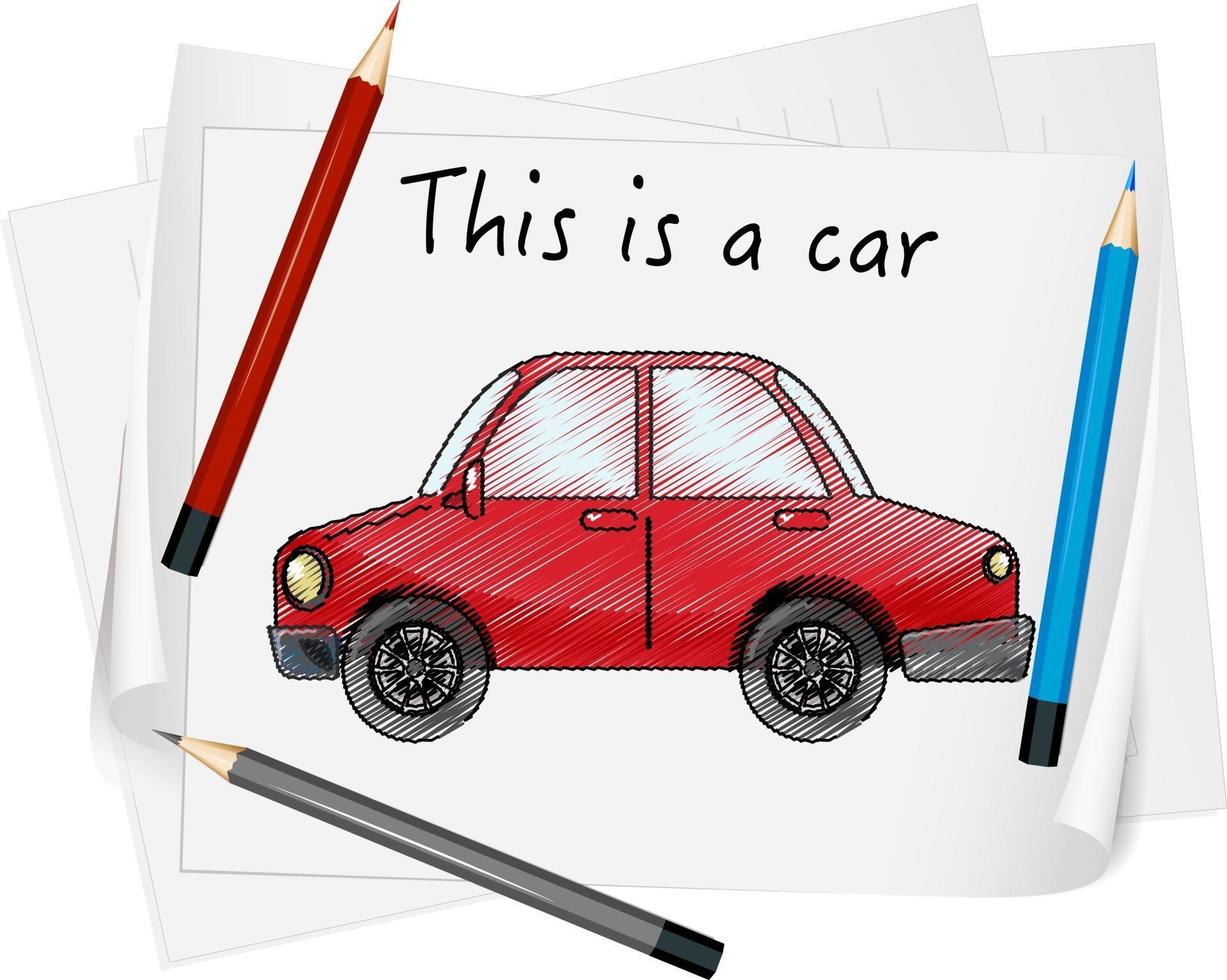 Sketch red car on paper isolated vector