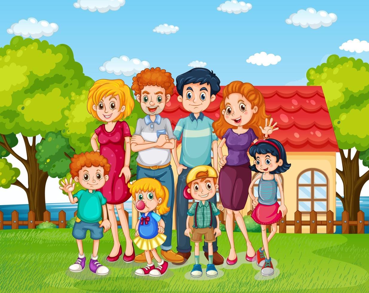 Happy family standing in front of the house vector