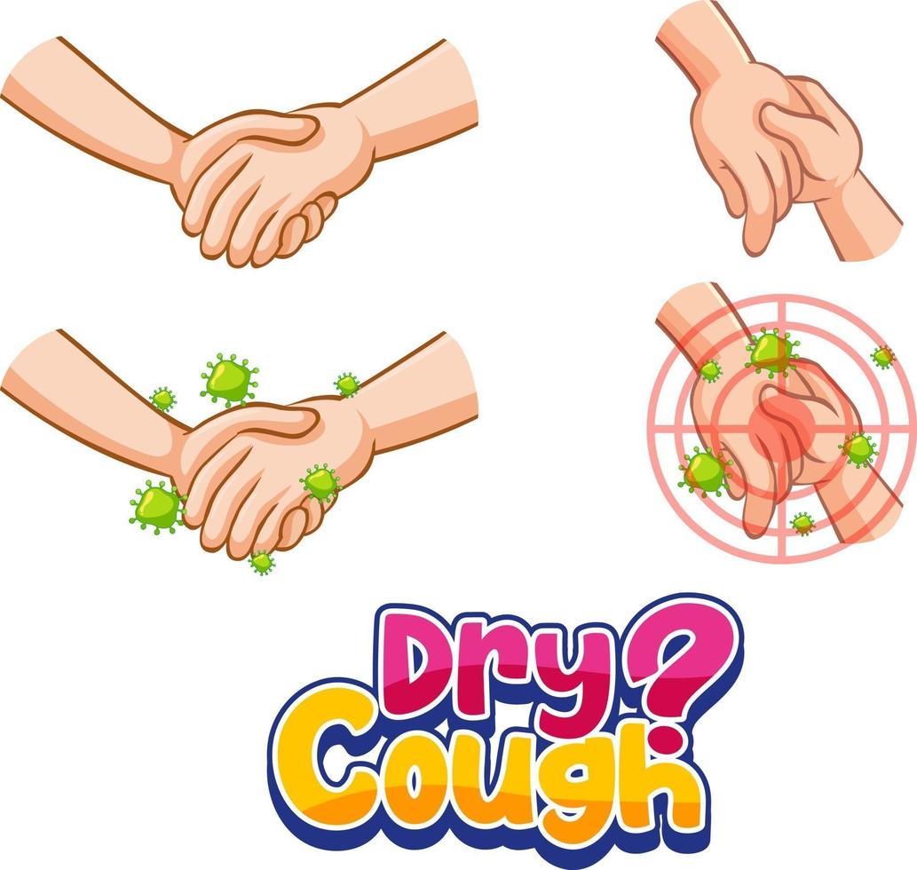 Dry Cough font in cartoon style with hands holding together isolated on white background vector